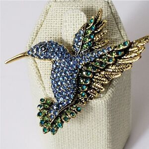 Blue & Green HUMMINGBIRD Crystal Embellished Brooch Pin